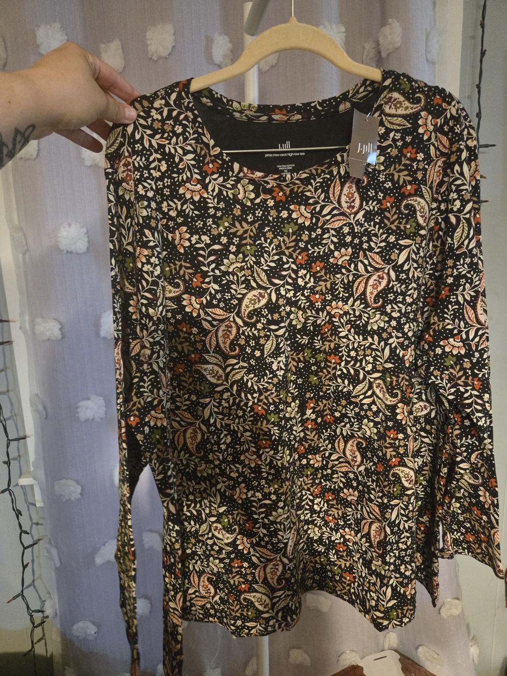 J.Jill Women’s 3X Pima Cotton Black Floral Paisley High-Low Long Sleeve Top NWT